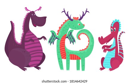 Cartoon Dragons with Wings, Pikes and Tails Vector Set