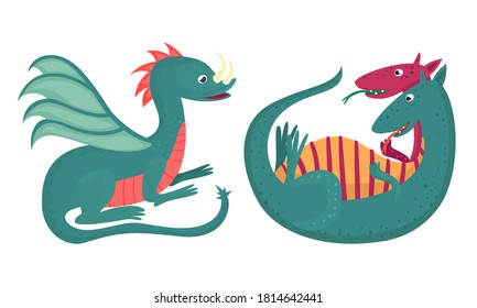 Cartoon Dragons with Wings, Pikes and Tails Vector Set