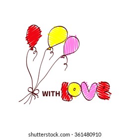 Cartoon drawing of air ballons and note with love on white background