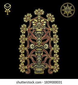 Cartoon drawing: ancient mystical tree, Sumerian mythology. Symbol of fertility and abundance. Signs: moon and star Astarte. Vector illustration isolated on a black background.