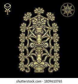 Cartoon drawing: ancient mystical tree, Sumerian mythology. Symbol of fertility and abundance. Signs: moon and star Astarte. Vector illustration isolated on a black background. Imitation of gold.