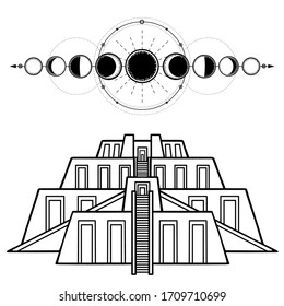 Cartoon drawing: ancient sacred Zikkurat, phases of the moon.  Architecture of Babylon, Assyria, Mesopotamia. Template for use. Vector monochrome illustration isolated on white background.