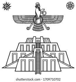 Cartoon drawing: ancient sacred Zikkurat, Image of Farvahar. Symbols of Babylon, Assyria, Mesopotamia. Template for use. Vector monochrome illustration isolated on white background.