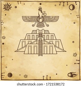 Cartoon drawing: ancient sacred Zikkurat, Image of Farvahar. Symbols of Babylon, Assyria, Mesopotamia. Space symbols. Background -imitation of old paper. Vector illustration.