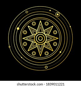 Cartoon drawing: ancient Sumerian symbol divine star. Orbits of planets. Vector illustration isolated on a black background. Imitation of gold.