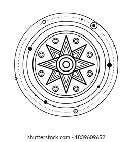 Cartoon drawing: ancient Sumerian symbol divine star. Orbits of planets. Vector illustration isolated on a white background.