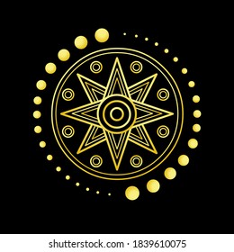 Cartoon drawing: ancient Sumerian symbol divine star. Vector illustration isolated on a black background. Imitation of gold.