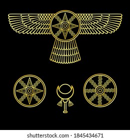 Cartoon drawing: ancient Sumerian symbols. Winged star. Marduk, Shamash, Ishtar. Vector illustration isolated on a black background. Imitation of gold.