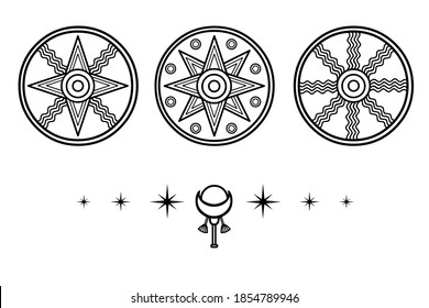 Cartoon drawing: ancient Sumerian symbols.  Marduk, Shamash, Ishtar. Vector illustration isolated on a white background.