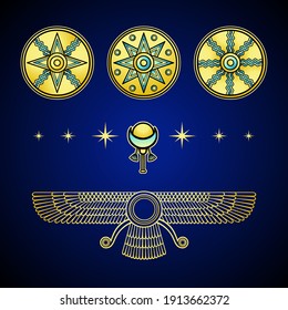 Cartoon drawing: ancient Sumerian symbols.  Marduk, Shamash, Ishtar. 
Winged deity. Vector illustration isolated on a dark background.