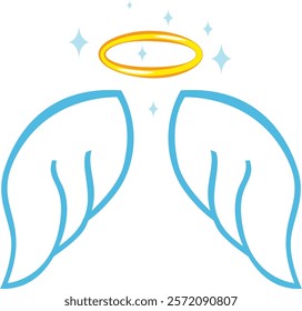 Cartoon drawing of angel wings and halo shining with bright sparkles representing purity, innocence, and spiritual grace, perfect for religious or celestial themes