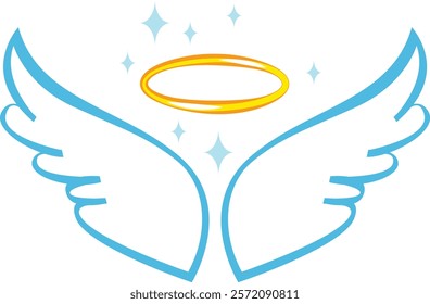 Cartoon drawing of angel wings and halo shining with sparkles representing spirituality, purity, and innocence, ideal for religious or spiritual projects