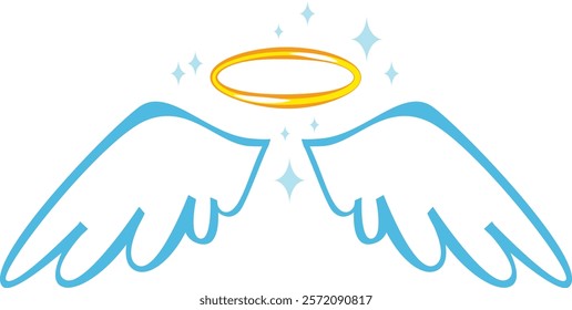 Cartoon drawing of angel wings and halo shining with bright sparkles representing purity, innocence, and spirituality, suitable for religious or spiritual projects