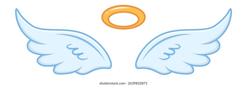 Cartoon drawing of angel wings and halo floating, symbolizing innocence, purity, and divine presence, ideal for religious or spiritual designs