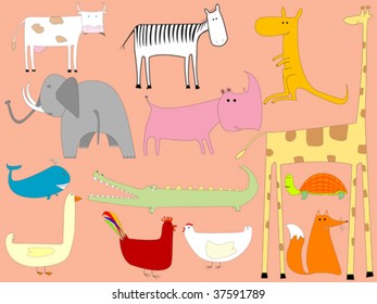 cartoon drawing with animals, vector art illustration