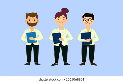 Cartoon drawing animation of diverse group of standing people. Hand drawn characters on the blue background. teamwork bussines.