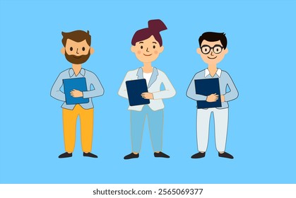 Cartoon drawing animation of diverse group of standing people. Hand drawn characters on the blue background.