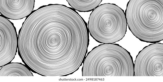 Cartoon drawing annual rings or growth rings. Deforestation. Tree or trees, cut ring pattern. For firewood. Wood stump surface Round piece of wood in cross section with wood texture pattern. Log cut.