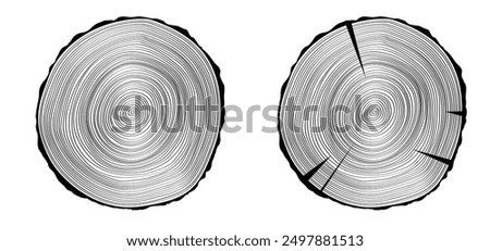 Cartoon drawing annual rings or growth rings. Deforestation. Tree or trees, cut ring pattern. For firewood. Wood stump surface Round piece of wood in cross section with wood texture pattern.