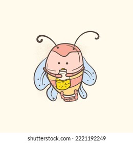 cartoon drawing art funny bee honey drink character vector illustration