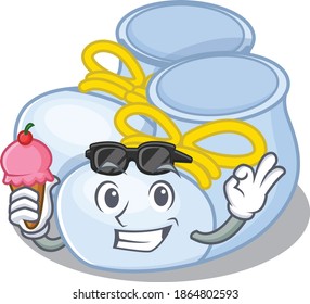 A cartoon drawing of baby boy boots holding cone ice cream