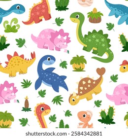 Cartoon drawing with baby dinosaur. Seamless background with prehistoric life - dinosaurs and plants. Ideal for children's fabric, packaging, paper and other design. White background.