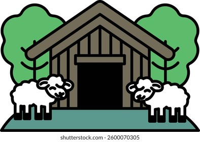 A cartoon drawing of a barn with two sheep standing outside of it. The sheep are looking inside the barn, and the barn is surrounded by trees