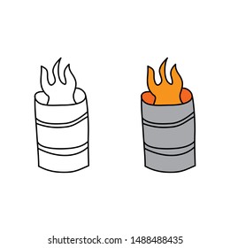 cartoon drawing of a barrel with fire in it