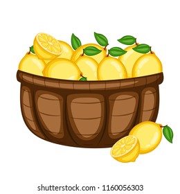 Cartoon Drawing of a Basket with Lemon. Veggies in a Big Brown Container Vector Illustration
