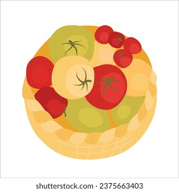 Cartoon Drawing of a Basket with Tomatos. Veggies in a Big Brown Container Vector Illustration