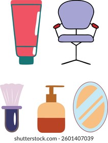 A cartoon drawing of a bathroom with a chair, a mirror, a bottle of lotion, a bottle of shampoo, and a brush