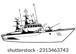 Cartoon drawing of battleship shown from a side view, with portholes and a large cannon on the deck, and isolated on white background.
