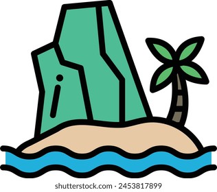 Dibujo de una playa con una palmera y una roca. El agua es azul y el cielo es blanco