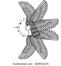 Cartoon drawing: beautiful winged woman, character in Assyrian mythology. Ishtar, Astarta, Inanna. Profile view. Orbits of planets, space symbols. Vector illustration isolated on a white background.