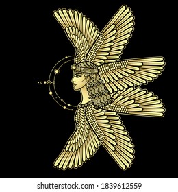 Cartoon drawing: beautiful winged woman, character in Assyrian mythology. Ishtar, Astarta, Inanna. Profile view. Orbits of planets, space symbols.  Vector illustration isolated. Imitation of gold.