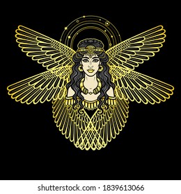 Cartoon drawing: beautiful winged woman with an ancient hairstyle, character in Assyrian mythology. Ishtar, Astarta, Inanna. Vector illustration isolated on a black background. 