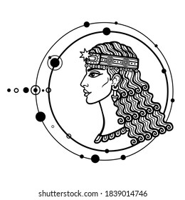 Cartoon drawing: beautiful woman, character in Assyrian mythology. Ishtar, Astarta, Inanna. Profile view. Orbits of planets, space symbols. Vector illustration isolated on a white background.