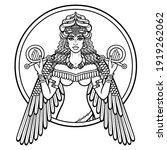 Cartoon drawing: a beautiful woman in a horned crown, a character in Assyrian mythology. Winged goddess. Ishtar, Astarta, Inanna. Vector illustration isolated on a white background.