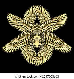 Cartoon drawing: beautiful woman in a horned crown with eight wings, a character in Assyrian mythology. Ishtar, Astarta, Inanna. Vector illustration isolated on a black background. Imitation of gold.