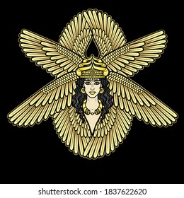 Cartoon drawing: beautiful woman in a horned crown with eight wings, a character in Assyrian mythology. Ishtar, Astarta, Inanna. Vector illustration isolated on a black background.
