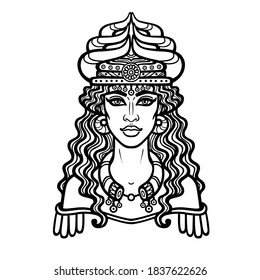 Cartoon drawing: beautiful woman in a horned crown, a character in Assyrian mythology. Ishtar, Astarta, Inanna. Vector illustration isolated on a white background.