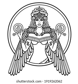 Cartoon drawing: a beautiful woman in a horned crown, a character in Assyrian mythology. Winged goddess. Ishtar, Astarta, Inanna. Vector illustration isolated on a white background.