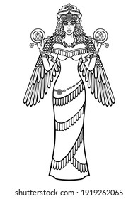 Cartoon drawing: a beautiful woman in a horned crown, a character in Assyrian mythology. Full growth. Winged goddess. Ishtar, Astarta, Inanna. Vector illustration isolated on a white background.