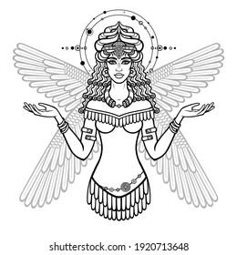 Cartoon drawing: beautiful woman in a horned crown, character in Assyrian mythology. Winged goddess. Ishtar, Astarta, Inanna. Vector illustration isolated on a white background.