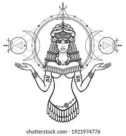 Cartoon drawing: beautiful woman in a horned crown, character in Assyrian mythology. Winged goddess. Ishtar, Astarta, Inanna. Sacred geometry. Vector illustration isolated on a white background.