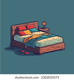 A cartoon drawing of a bed with a lamp on it.