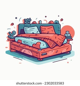 A cartoon drawing of a bed with a lamp on it.