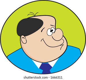 Cartoon drawing of a big man with very little hair.