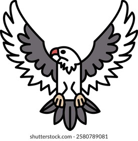 A cartoon drawing of a bird with its wings spread out. The bird is white and gray, and it has a red beak. The image has a playful and whimsical mood