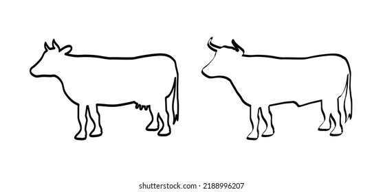 Cartoon drawing black cow and taurus or bull. Vector cow silhouette. farm animals. Cattle icon or pictogram. Line pattern. livestock. Cow fart - animal is producing greenhouse gas and methane. 